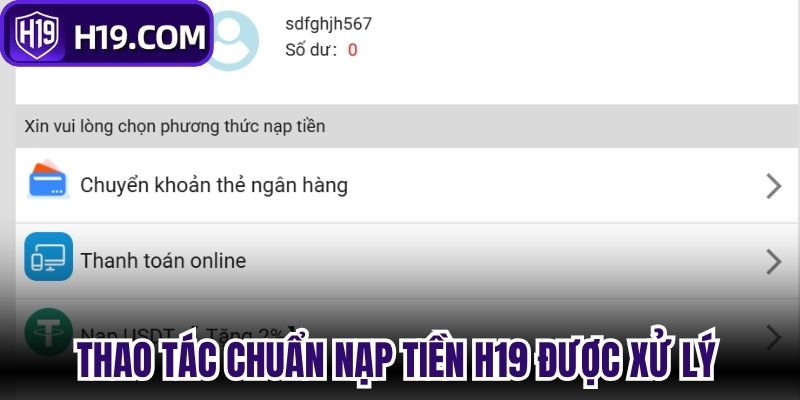Thao tác chuẩn giúp nạp tiền H19 được xử lý thuận lợi